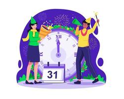 la gente celebra la víspera de año nuevo con un reloj gigante que muestra las 12 en punto de la noche. una pareja jugando con petardos y fuegos artificiales. ilustración vectorial en estilo plano vector