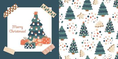 Merry Christmas. Postcard with gift boxes, spruce and washi tapes. Vector pattern with firs, gingerbread and confetti. Ideal for design of fabric, cards, wrapping paper for Happy New year