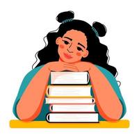 Woman with stack of books.  Student sitting at the table with  literature. Study in library. Education concept. Vector illustration