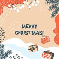 Merry Christmas. Vector border, frame. Gift boxes, spruce branches, snow, berries, lines, curve and spots, dots, snowflakes.  Ideal for card or poster