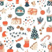 Christmas pattern. Vector background with spruce, garland, gingerbread,  candy and dots. Ideal for design of fabric, poster, wrapping paper for winter Holidays