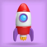 3d cartoon flying rocket. Cute stylised spaceship. Colorful bright vector illustration for science, game, business. Glossy plastic element. Realistic concept art.