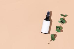 A jar of spray and a sprig of eucalyptus on a beige background. photo