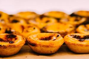 Stack of Portuguese egg tart also known as Pasteis de Nata on display in front of shop photo