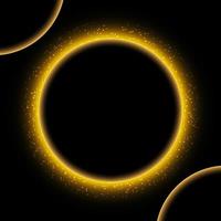 Glowing golden circle frame with glittering dust. Gold light circle with sparkles on black background. Yellow shiny ring, round frame for text, flare trail with glitter dust photo