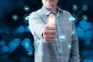 person scan thumbs to access secure data.new technology bigdata and business process strategy,customer service management.Digital transformation change management,internet of things.cloud computing. photo