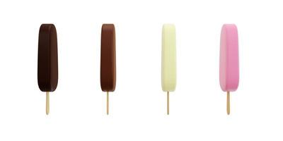 Lado de representación 3d del palito de helado cubierto de chocolate, palito de helado de chocolate con leche, palito de helado de chocolate oscuro foto