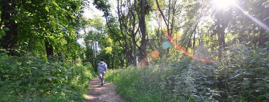 A young guy in a gray sports suit runs along the path among the photo