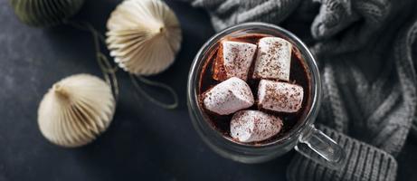 Banner image for design, web page. Glass with hot chocolate with marshmallow on background photo