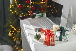 Laptop and credit card for Christmas online shopping. Holiday online shopping concept. Winter holidays sales, Black Friday