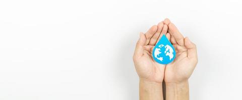 Hands holding water drop paper cut, Washing hand, Hand sanitizer and Hygiene. World water day, Saving water and world environmental protection concept photo