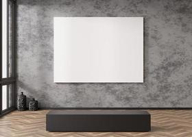 Empty white horizontal canvas on concrete wall in modern art gallery. Mock up interior in contemporary style. Free, copy space for your picture. Exhibition space. 3D rendering. photo