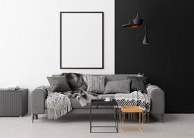 Empty vertical picture frame on white wall in modern living room. Mock up interior in minimalist, contemporary style. Free, copy space for your picture. Sofa, table, lamps. 3D rendering. photo