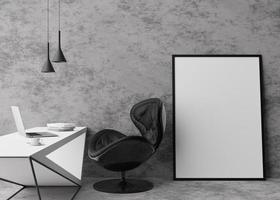 Empty vertical picture frame standing on concrete floor in modern home office. Mock up interior in minimalist, contemporary style. Free space for picture or poster. Desk, hanging lamps. 3D rendering. photo