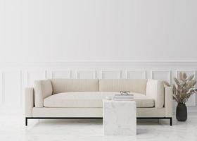 Empty white wall in modern living room. Mock up interior in contemporary style. Free, copy space for picture, poster, text, or another design. Sofa, table, pampas grass. 3D rendering. photo