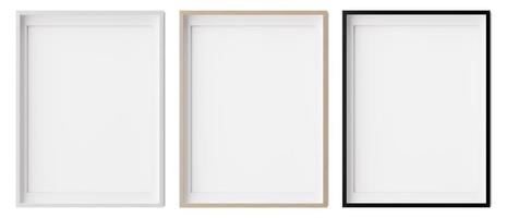 conjunto de marcos verticales aislados sobre fondo blanco. marcos blancos, de madera y negros con borde de papel blanco en el interior. plantilla, maqueta para tu foto o póster. representación 3d