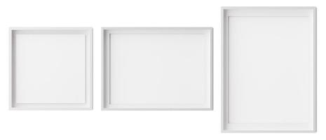 Set of square, horizontal und vertical picture frames isolated on white background. White frames with white paper border inside. Template, mockup for your picture or poster. 3d rendering. photo