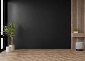 Empty room, black wall and parquet floor. Indoor plants. Mock up interior. Free, copy space for your furniture, picture and other objects. 3D rendering. photo
