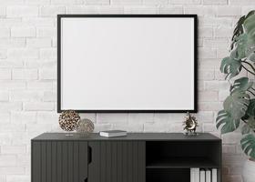 Empty horizontal picture frame on white brick wall in modern living room. Mock up interior in minimalist, scandinavian style. Free, copy space for picture, poster. Console, sculptures. 3D rendering. photo