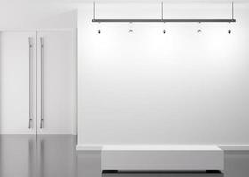 Empty white wall in modern art gallery. Mock up interior in minimalist style. Free, copy space for your picture, text, or another design. Empty exhibition space. 3D rendering. photo