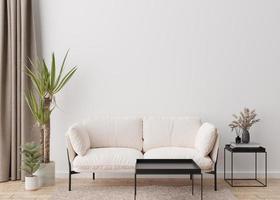 Empty white wall in modern living room. Mock up interior in contemporary, scandinavian style. Free, copy space for picture, poster, text, or another design. Sofa, plants., pampas grass. 3D rendering.