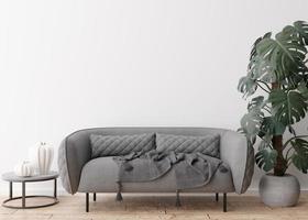 Empty white wall in modern living room. Mock up interior in contemporary, scandinavian style. Free, copy space for picture, poster, text, or another design. Sofa, plant, table. 3D rendering. photo