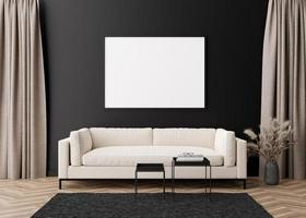 Empty horizontal picture frame on black wall in modern living room. Mock up interior in contemporary style. Free, copy space for your picture, poster. Sofa, table, pampas grass in vase. 3D rendering. photo