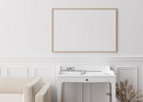 Empty picture frame on white wall in modern living room. Mock up interior in contemporary style. Close up view. Free space for your picture, poster. Console, vase, pampas grass. 3D rendering. photo