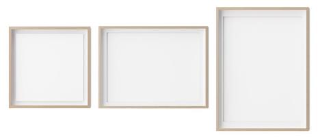 Set of square, horizontal und vertical picture frames isolated on white background. Wooden frames with white paper border inside. Template, mockup for your picture or poster. 3d rendering. photo