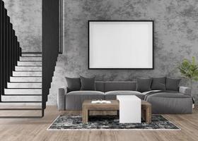 Empty picture frame on concrete wall in modern living room. Mock up interior in contemporary, loft style. Free, copy space for your picture, poster. Sofa, carpet, stairs. 3D rendering. photo
