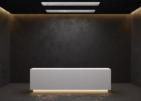 White reception counter in modern room with dark walls. Blank registration desk in hotel, spa or office. Reception mock up with copy space for branding, logo. Contemporary style. 3D rendering. photo