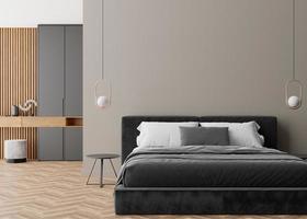pared gris vacía en un dormitorio moderno y acogedor. interior simulado en estilo minimalista y contemporáneo. espacio libre, copie el espacio para su imagen, texto u otro diseño. cama, lámparas. representación 3d