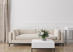 Empty white wall in modern living room. Mock up interior in contemporary style. Free, copy space for picture, poster, text, or another design. Sofa, table, flowers. 3D rendering. photo