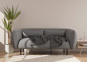Empty cream wall in modern living room. Mock up interior in scandinavian style. Free, copy space for your picture, text, or another design. Sofa, table, plant. 3D rendering. photo