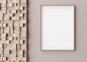 Blank vertical picture frame hanging on beige wall. Template, mock up for your artwork, picture or poster. Empty, copy space. Close up view. Simple, minimalist mockup. 3D rendering. photo