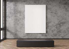 Empty white vertical canvas on concrete wall in modern art gallery. Mock up interior in contemporary style. Free, copy space for your picture. Exhibition space. 3D rendering. photo