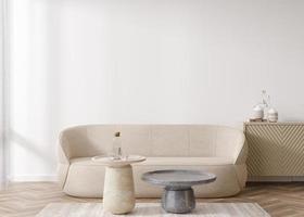 Empty white wall in modern living room. Mock up interior in scandinavian style. Free, copy space for your picture, text, or another design. Sofa, sideboard, table. 3D rendering. photo