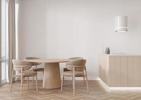 Empty white wall in modern living room. Mock up interior in scandinavian style. Free, copy space for your picture, text, or another design. Table with chairs. 3D rendering. photo