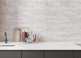 Empty white brick wall in kitchen. Mock up interior. Close up view. Free, copy space for your picture or other small object. 3D rendering. photo