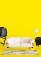 muebles modernos sobre fondo amarillo con espacio para copiar. tienda de muebles, detalles de interior. venta de muebles, proyecto de interiorismo. plantilla vertical con espacio vacío. diseño minimalista. procesamiento 3d foto