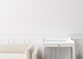 pared blanca vacía en la sala de estar moderna. maqueta interior en estilo contemporáneo. gratis, copie el espacio para su imagen, texto u otro diseño. sofá, mesa, jarrón con hierba seca. representación 3d foto