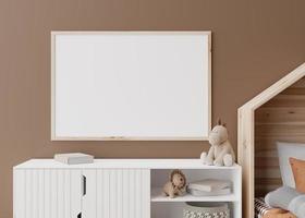 Empty horizontal picture frame on brown wall in modern child room. Mock up interior in scandinavian style. Free, copy space for your picture, poster. Close up view. Cozy room for kids. 3D rendering. photo