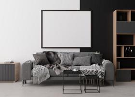 Empty picture frame on white and black wall in modern living room. Mock up interior in contemporary style. Free space, copy space for your picture, poster. Sofa, table. 3D rendering. photo