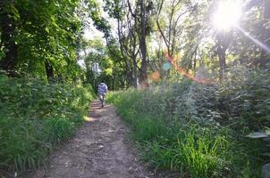 A young guy in a gray sports suit runs along the path among the photo