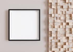 Blank square picture frame hanging on beige wall. Template, mock up for your artwork, picture or poster. Empty, copy space. Close up view. Simple, minimalist mockup. 3D rendering. photo