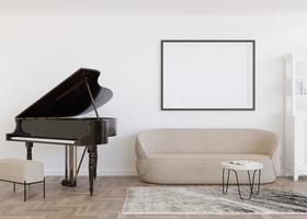 Empty black picture frame on white wall in modern living room. Mock up interior in contemporary style. Free, copy space for your picture, poster. Sofa, carpet, piano. 3D rendering. photo