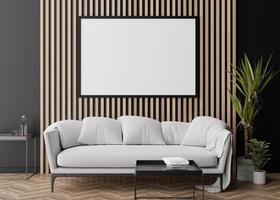 Empty black picture frame on wooden wall in modern living room. Mock up interior in contemporary style. Free space, copy space for your picture, poster. Sofa, table, plants. 3D rendering. photo