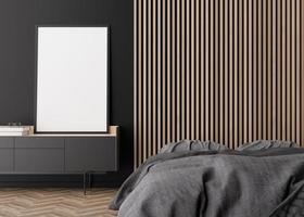 Empty vertical picture frame on black wall in modern bedroom. Mock up interior in minimalist, contemporary style. Free space, copy space for your picture. Bed, console. 3D rendering. photo