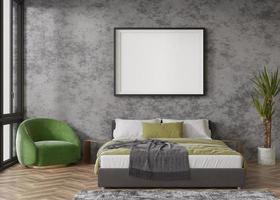 Empty horizontal picture frame on concrete wall in modern bedroom. Mock up interior in contemporary style. Free, copy space for your picture, poster. Bed, plant, green armchair. 3D rendering. photo