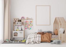 Empty vertical picture frame on white wall in modern child room. Mock up interior in scandinavian style. Free, copy space for your picture. Bed, toys. Cozy room for kids. 3D rendering. photo